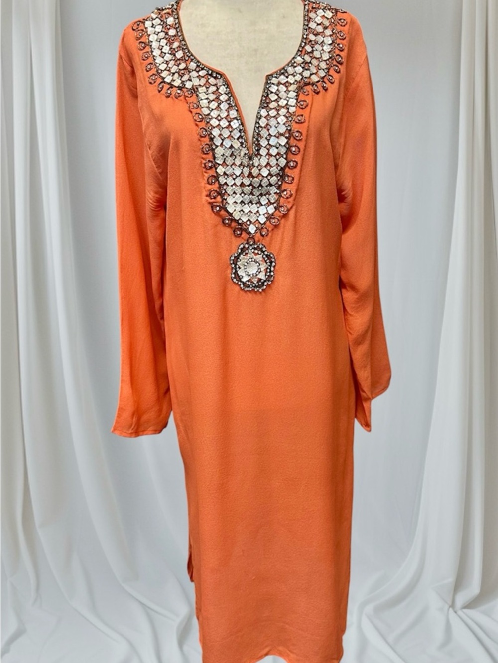 100% Silk Georgette Beaded Orange Kaftan Dress M